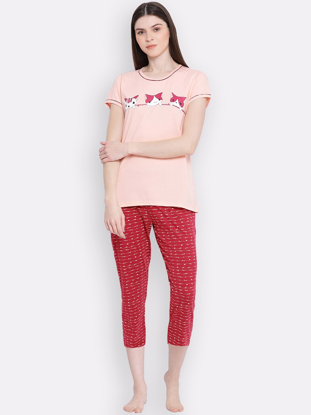 

Kanvin Women Peach & White Printed Pure Cotton Night Suit