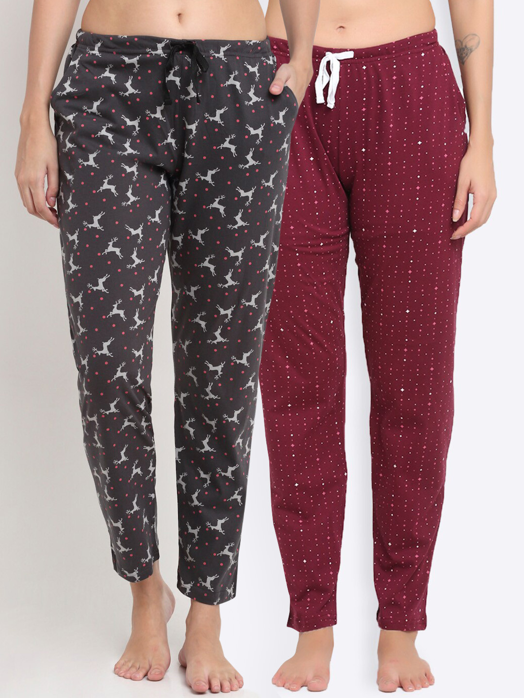 

Kanvin Women Pack of 2 Printed Pure Cotton Lounge Pants, Maroon