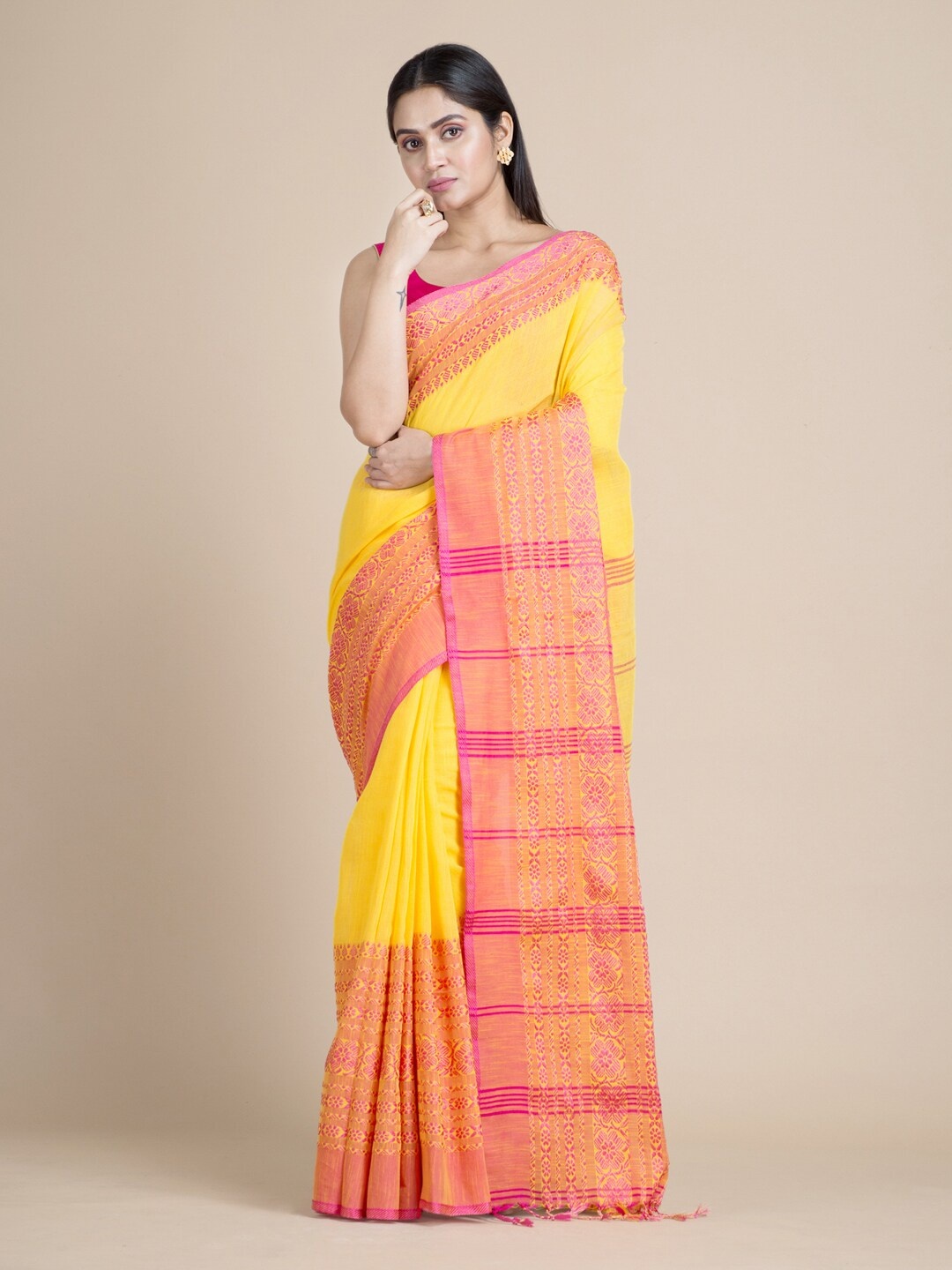

Mitera Yellow & Pink Woven Design Pure Cotton Saree