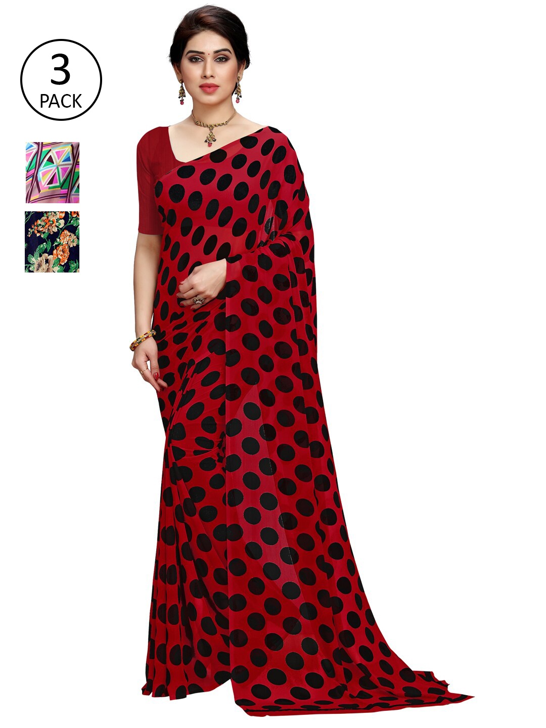 

KALINI Pack of 3 Poly Georgette Saree, Pink