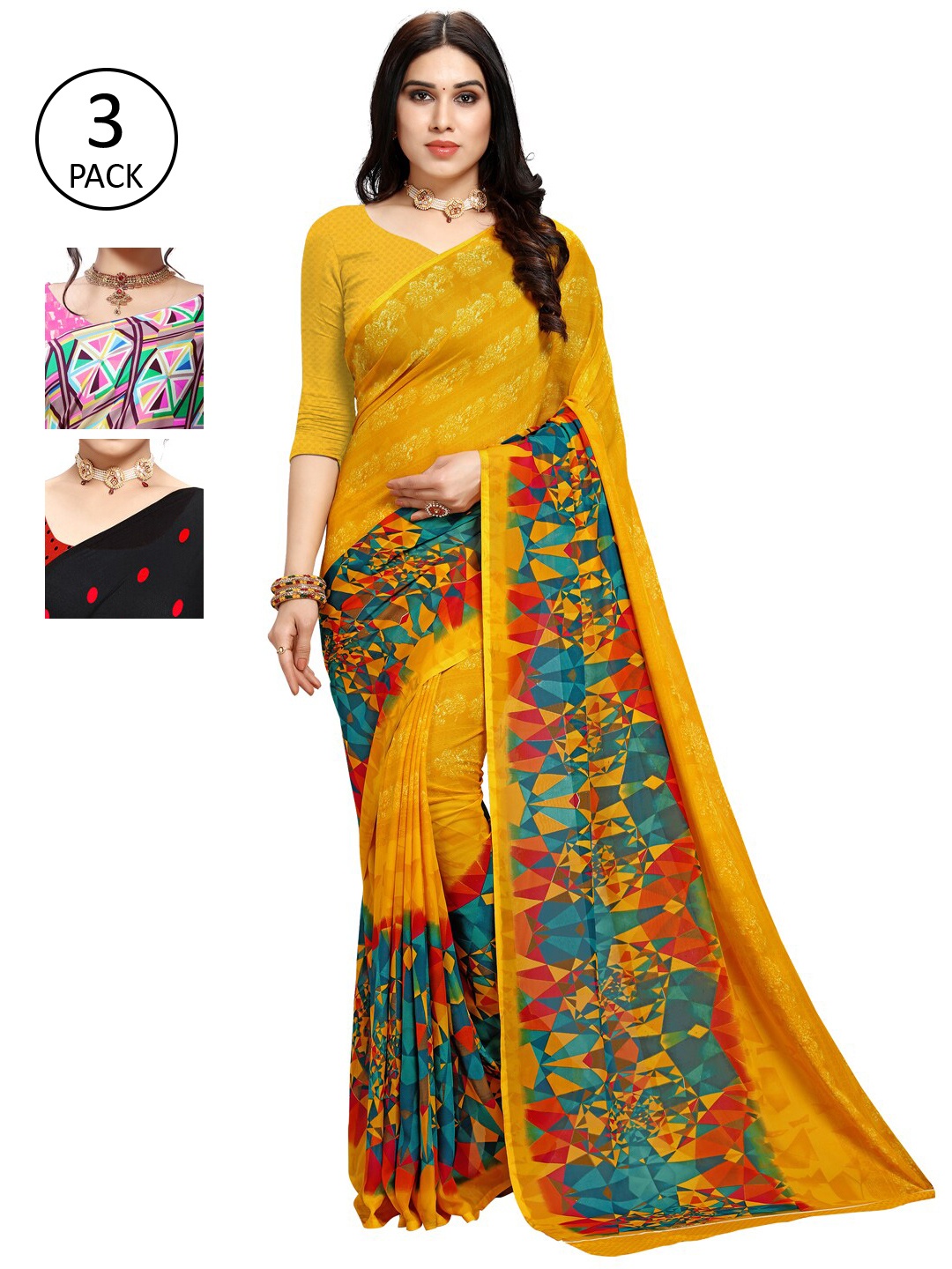 

KALINI Multicoloured Pack of 3 Poly Georgette Saree, Multi