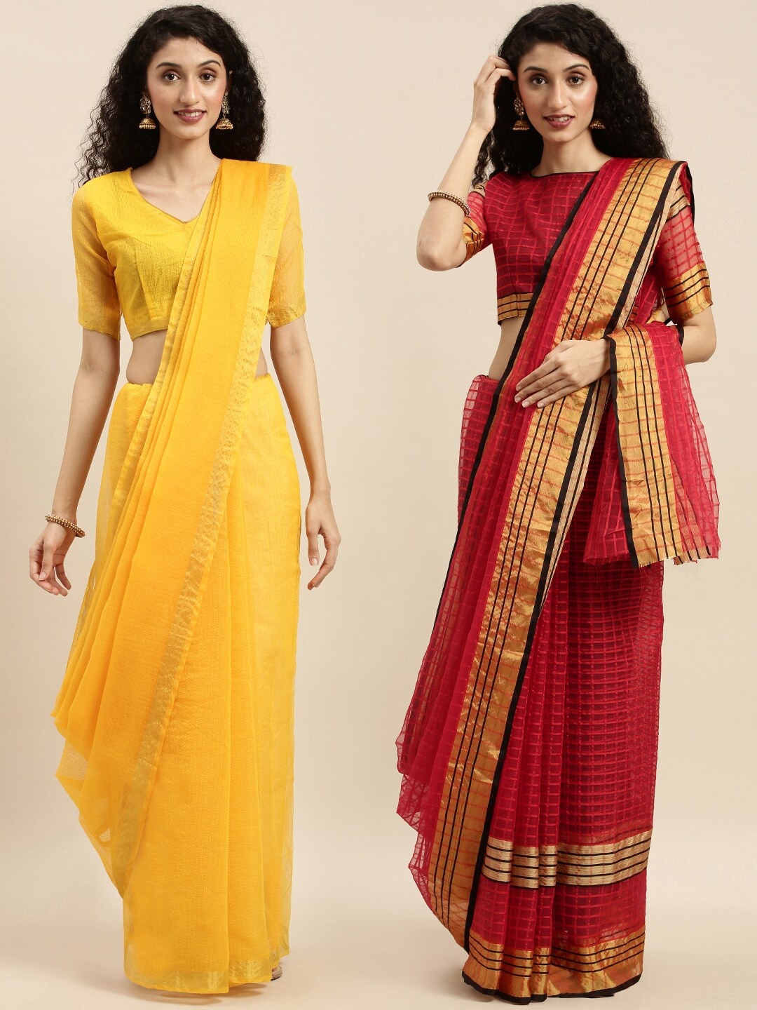 

KALINI Pack Of 2 Yellow & Red Checked Art Silk Sarees