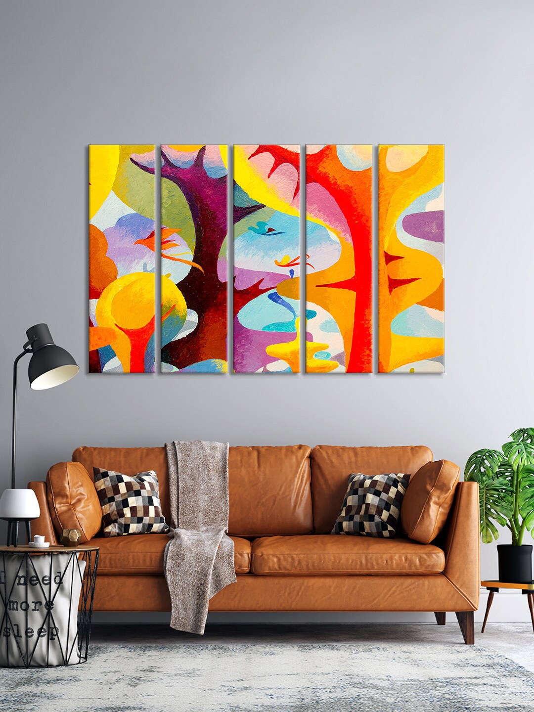 

999Store Set Of 5 Yellow & Orange Abstract Tree With Birds Wall Art Frames