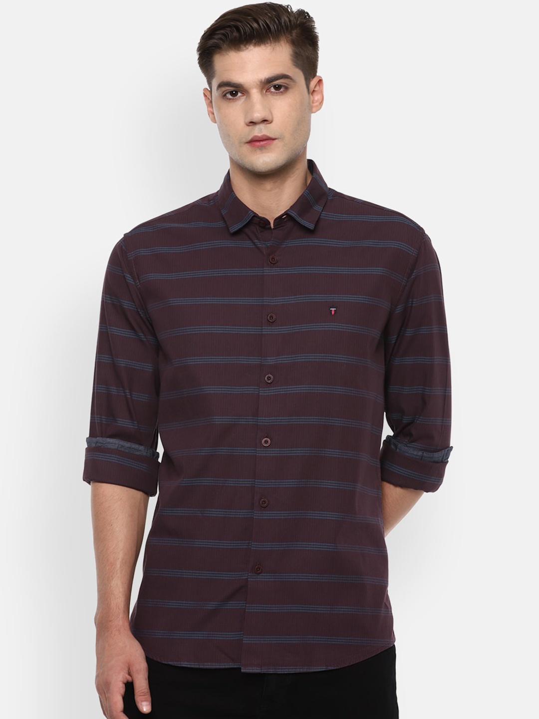 

Louis Philippe Jeans Men Maroon Slim Fit Striped Casual Shirt