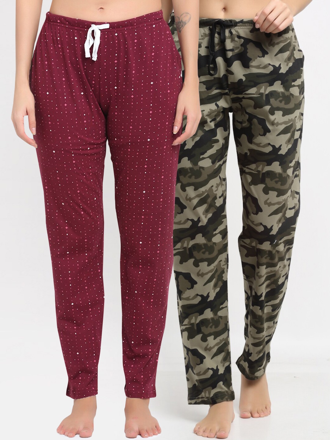 

Kanvin Women Pack Of 2 Printed Pure Cotton Lounge Pants, Maroon