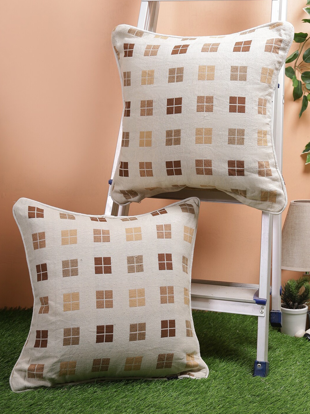 

Soumya Beige & Brown Set of 2 Checked Square Cushion Covers