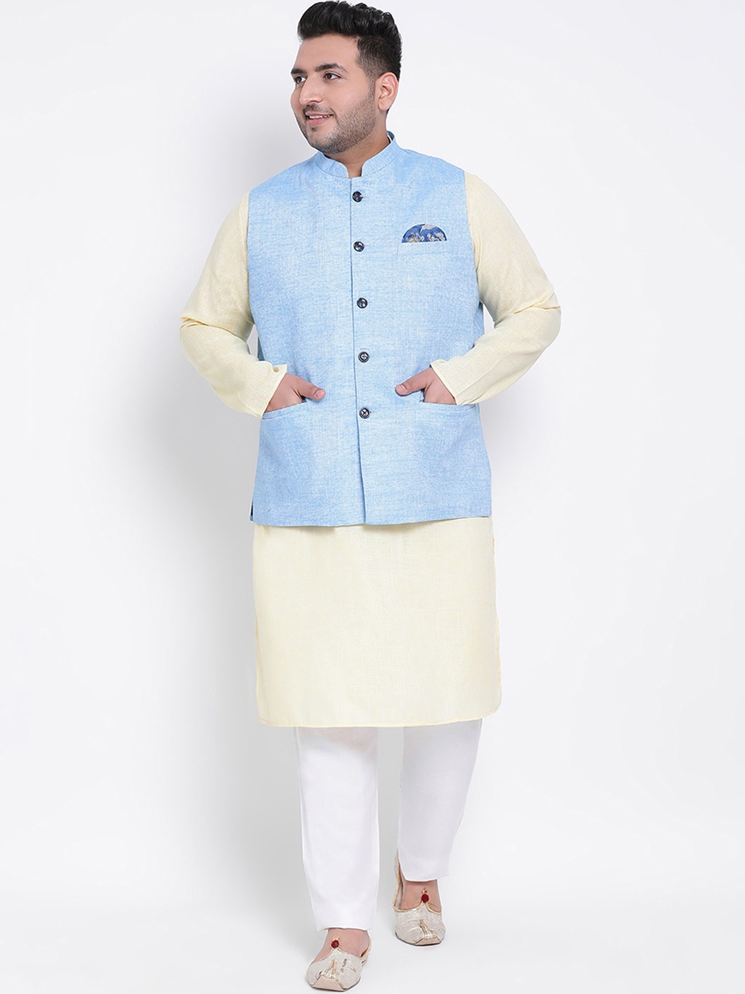 

hangup plus Men Multi Embroidered High Slit Linen Kurti with Salwar