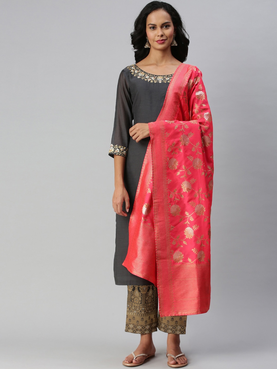 

Soch Women Grey Floral Embroidered Panelled Kurti with Trousers & With Dupatta