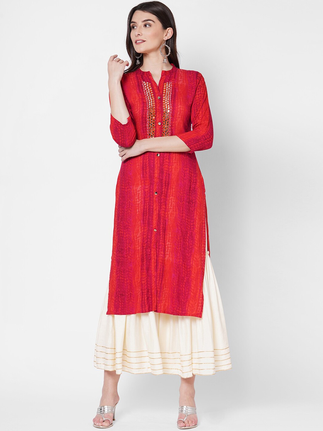 FASHOR Women Red Mirror work & Tie-Dye Printed Straight Kurta