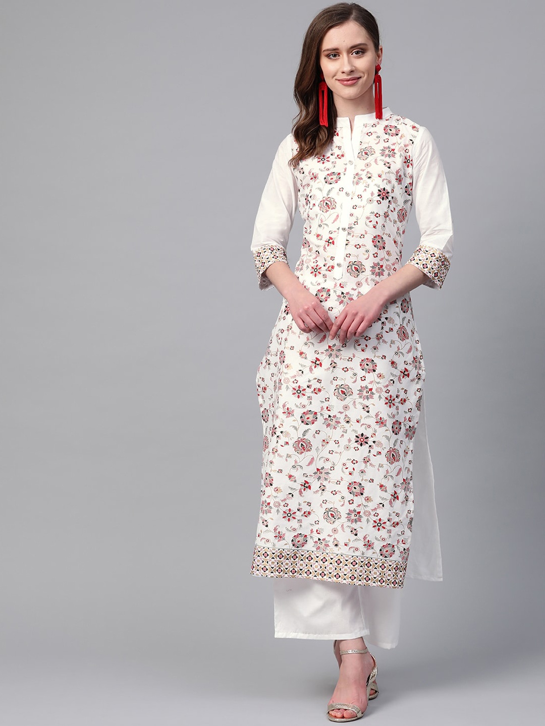 

ZIYAA Women White Floral Embroidered Panelled Pure Cotton Kurta with Skirt