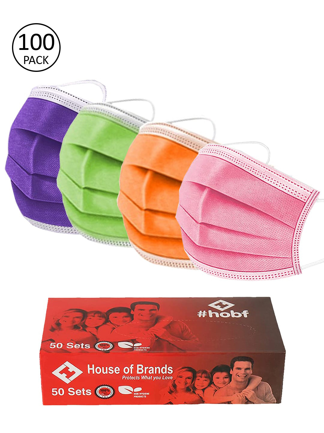 

Swiss Design Pack Of 100 Adults 3ply Mask With Nose-Pin- Pink, Green, Purple, Orange, Multi