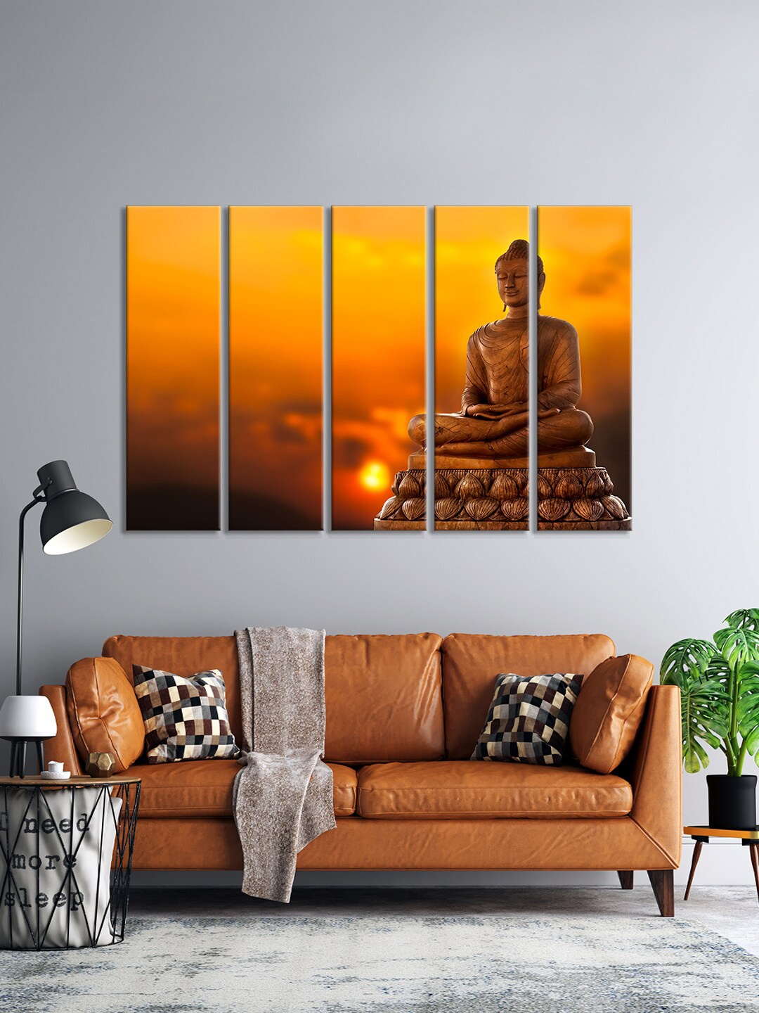 

999Store Set Of 5 Gold-Toned & Orange Buddha Sitting In Medit With Golden Leaves Wall Art Frames