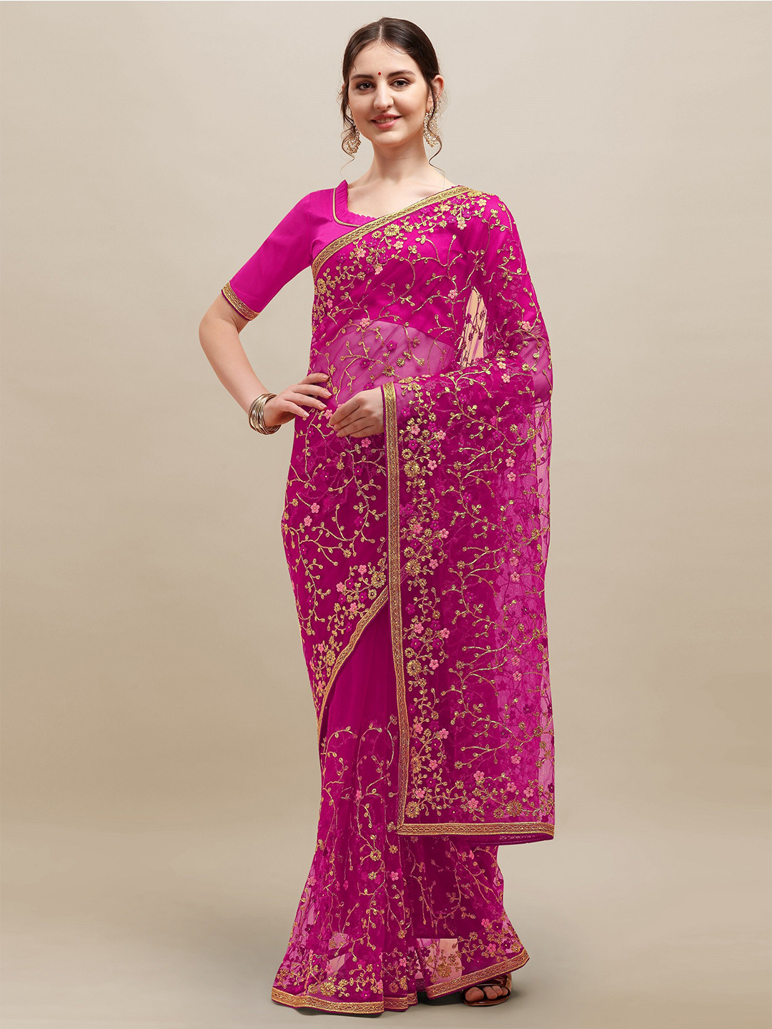 

RAJGRANTH Pink & Gold-Toned Floral Beads and Stones Net Ready to Wear Saree