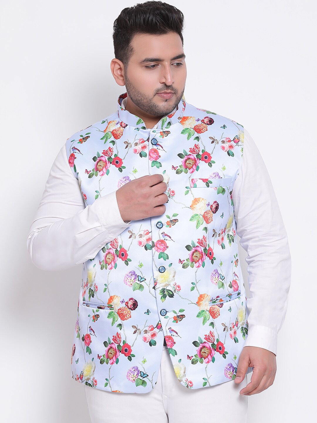 

Hangup Men Blue & Pink Floral Printed Woven Nehru Jacket