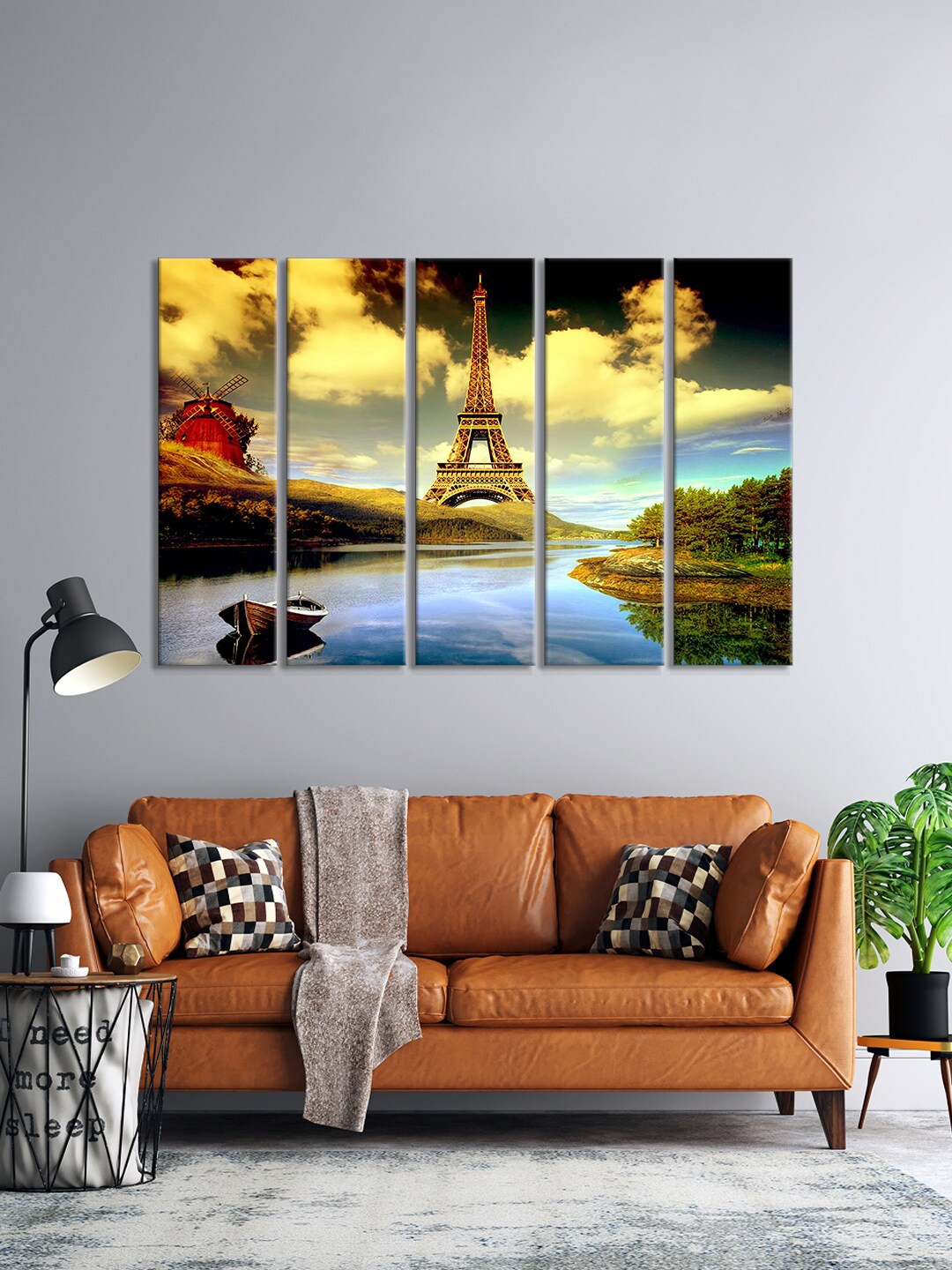 

999Store Set Of 5 Green & Blue Paris Eiffel Tower & River Scene At Sun Framed Wall Art