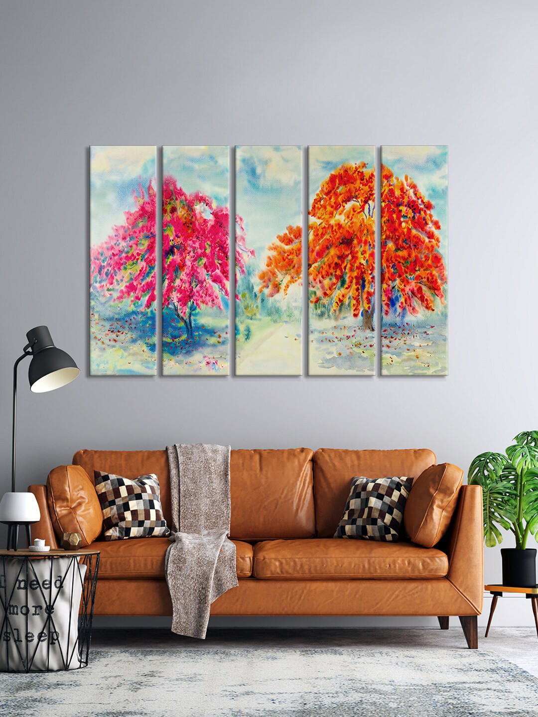 

999Store Set Of 5 Pink & Orange Colorful Tree With River Wall Art Frames