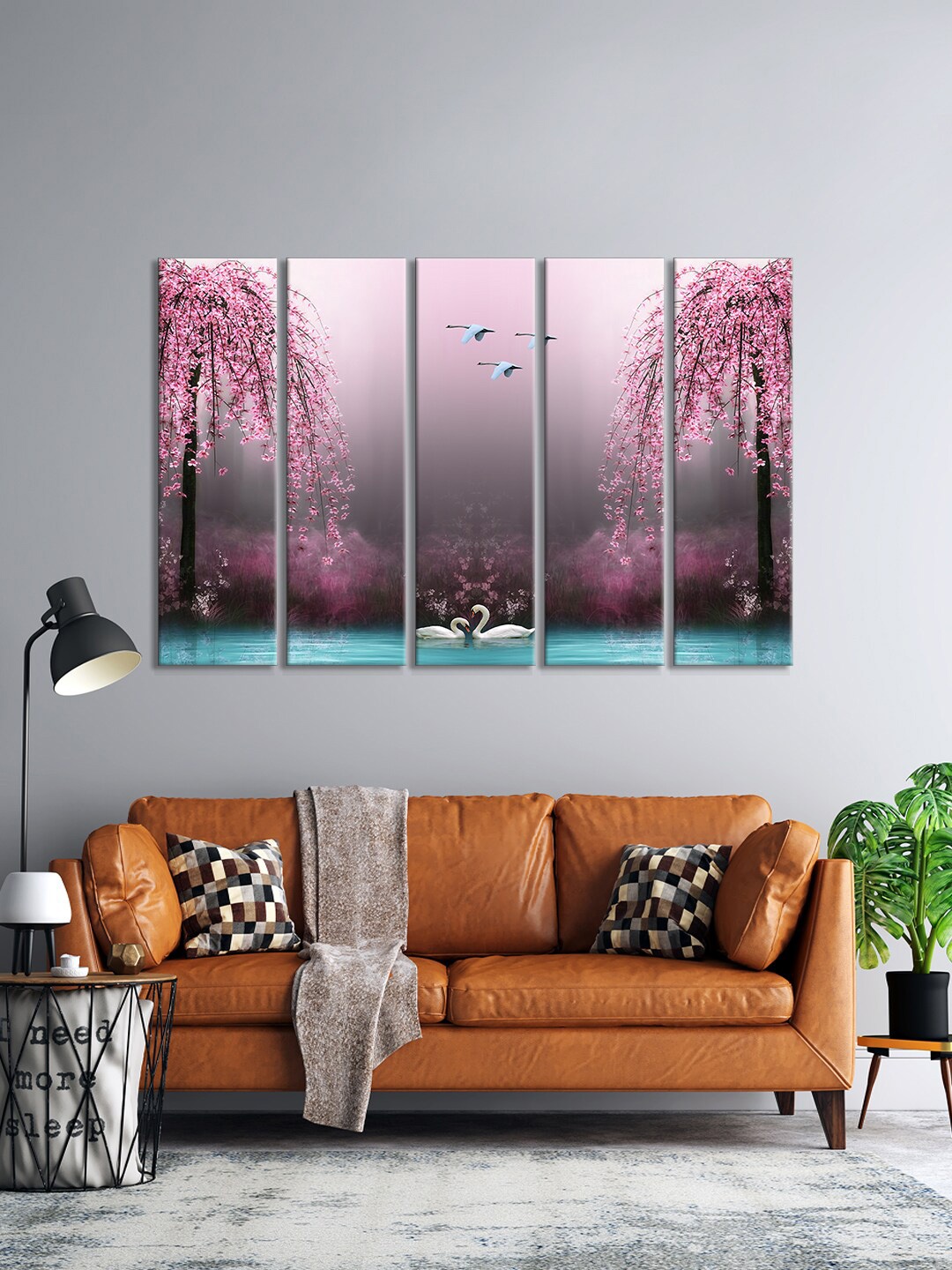 

999Store Set Of 5 Pink & Grey Love Birds Swans On The Sea Wall Art Frames