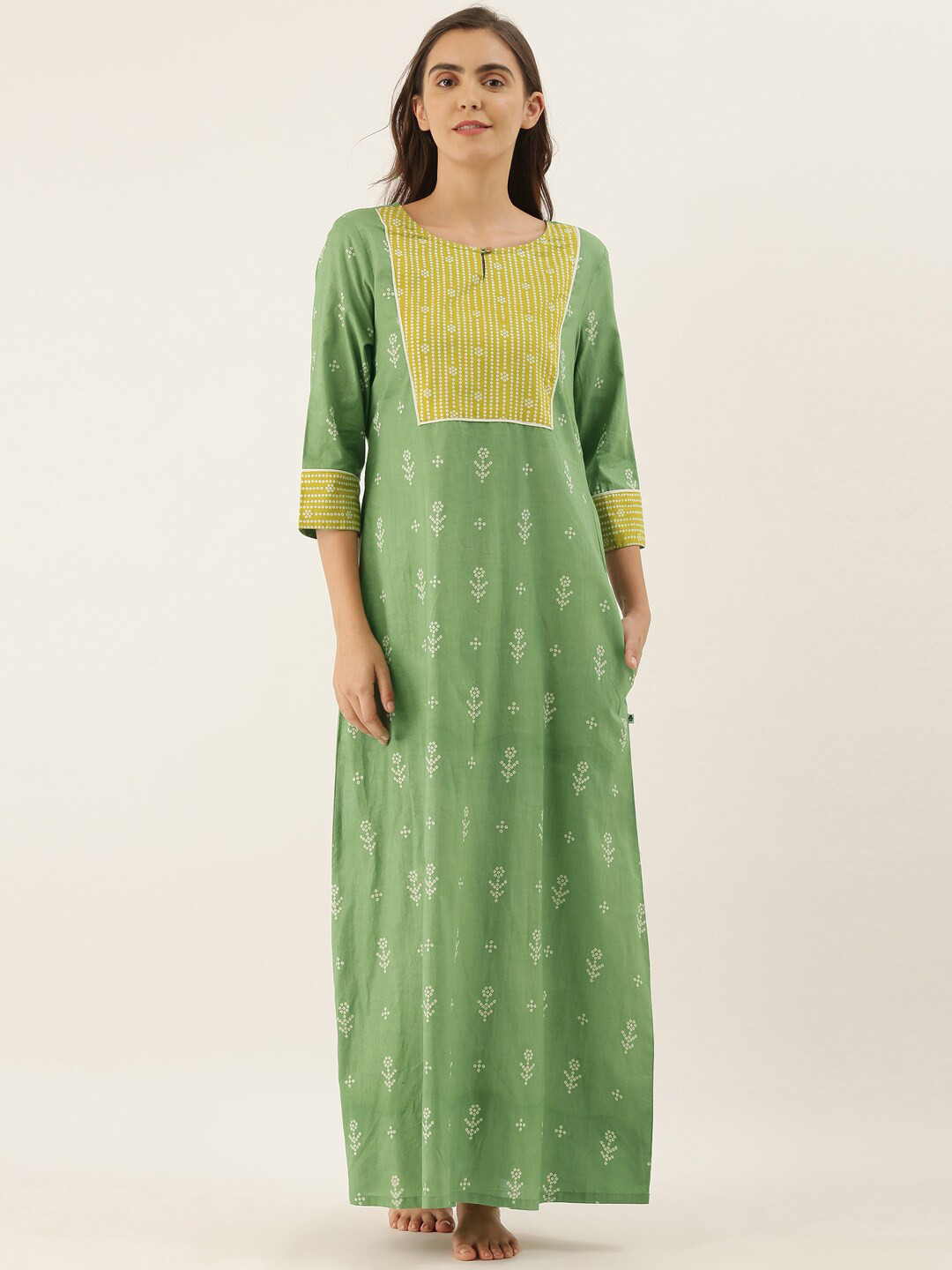 

Bannos Swagger Green Printed Maxi Cotton Nightdress