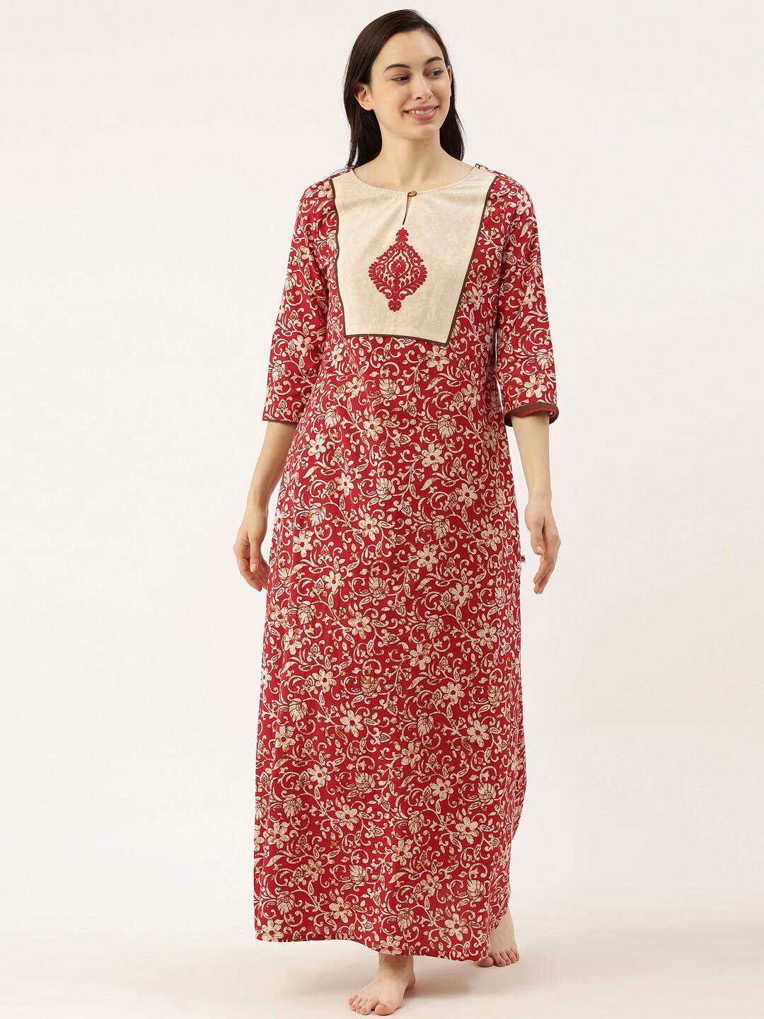 

Bannos Swagger Red & Beige Printed Maxi Nightdress
