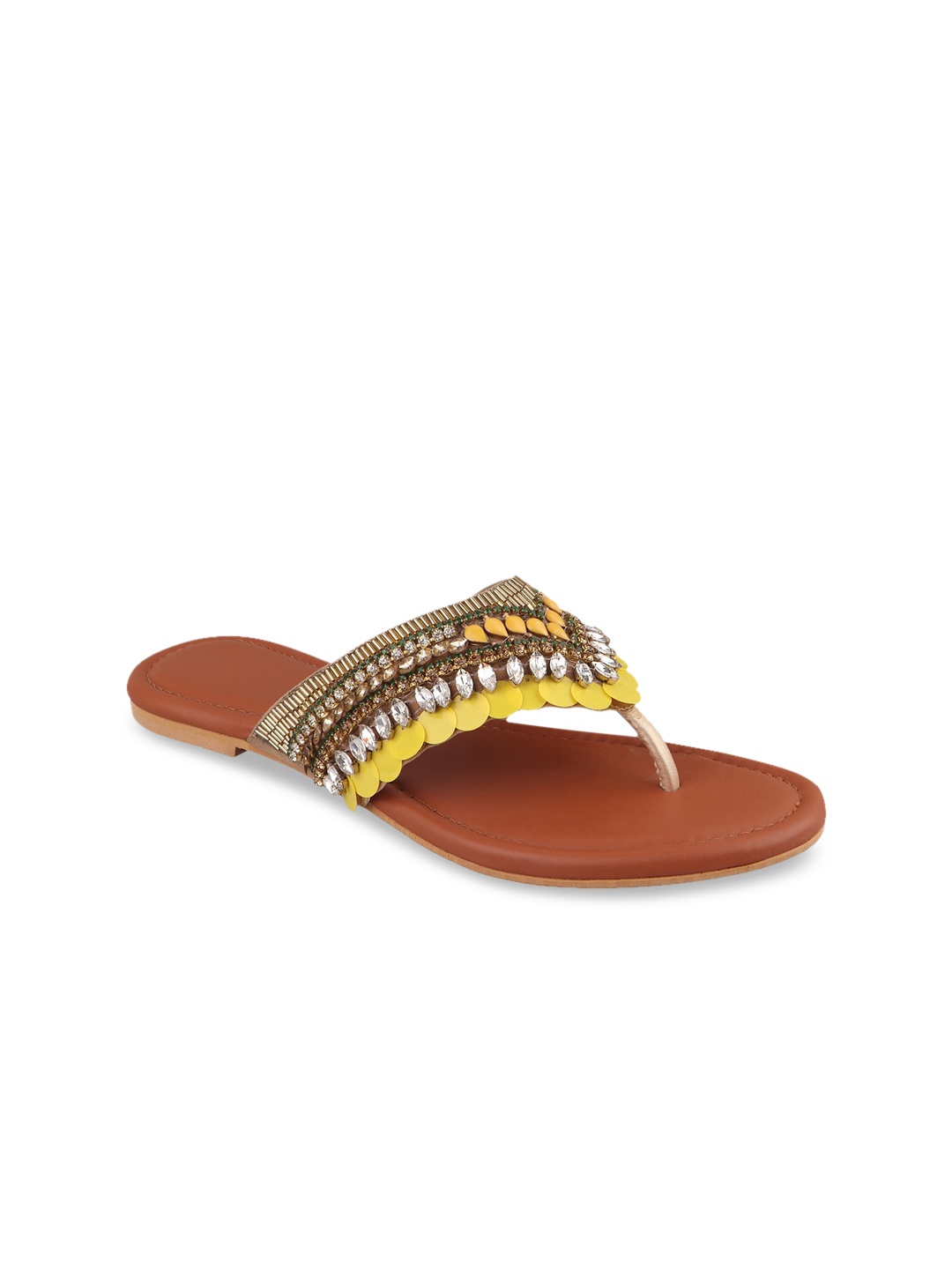 

KALTHEOS Women Yellow Embellished T-Strap Flats