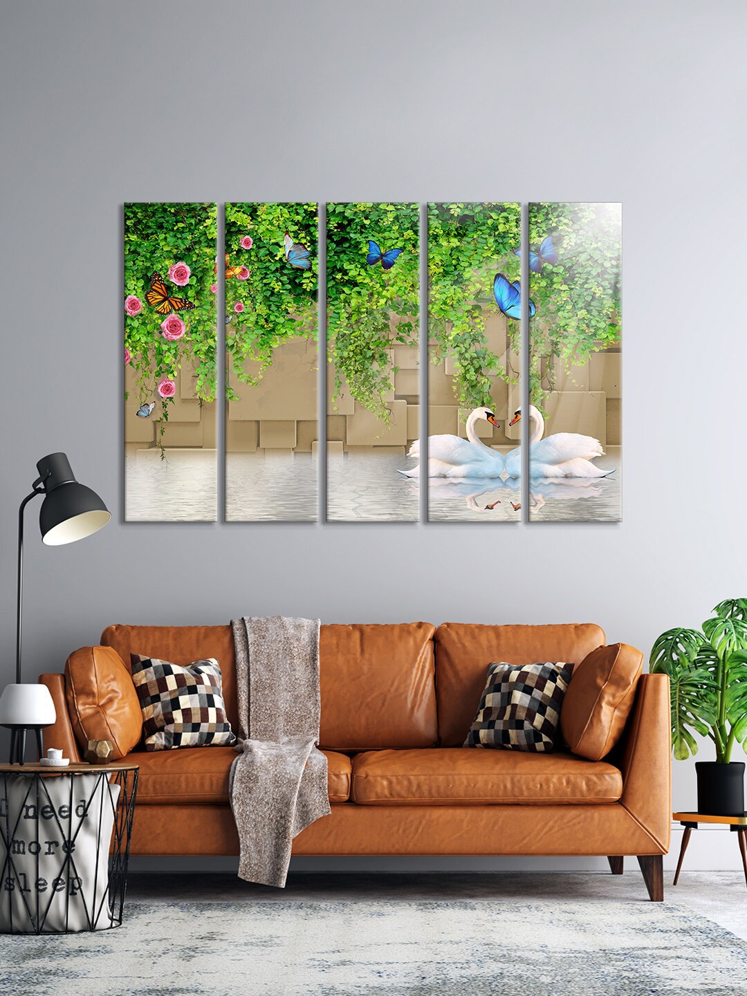 

999Store Set Of 5 Green & Camel Brown Romantic Swans Printed Wall Paintings