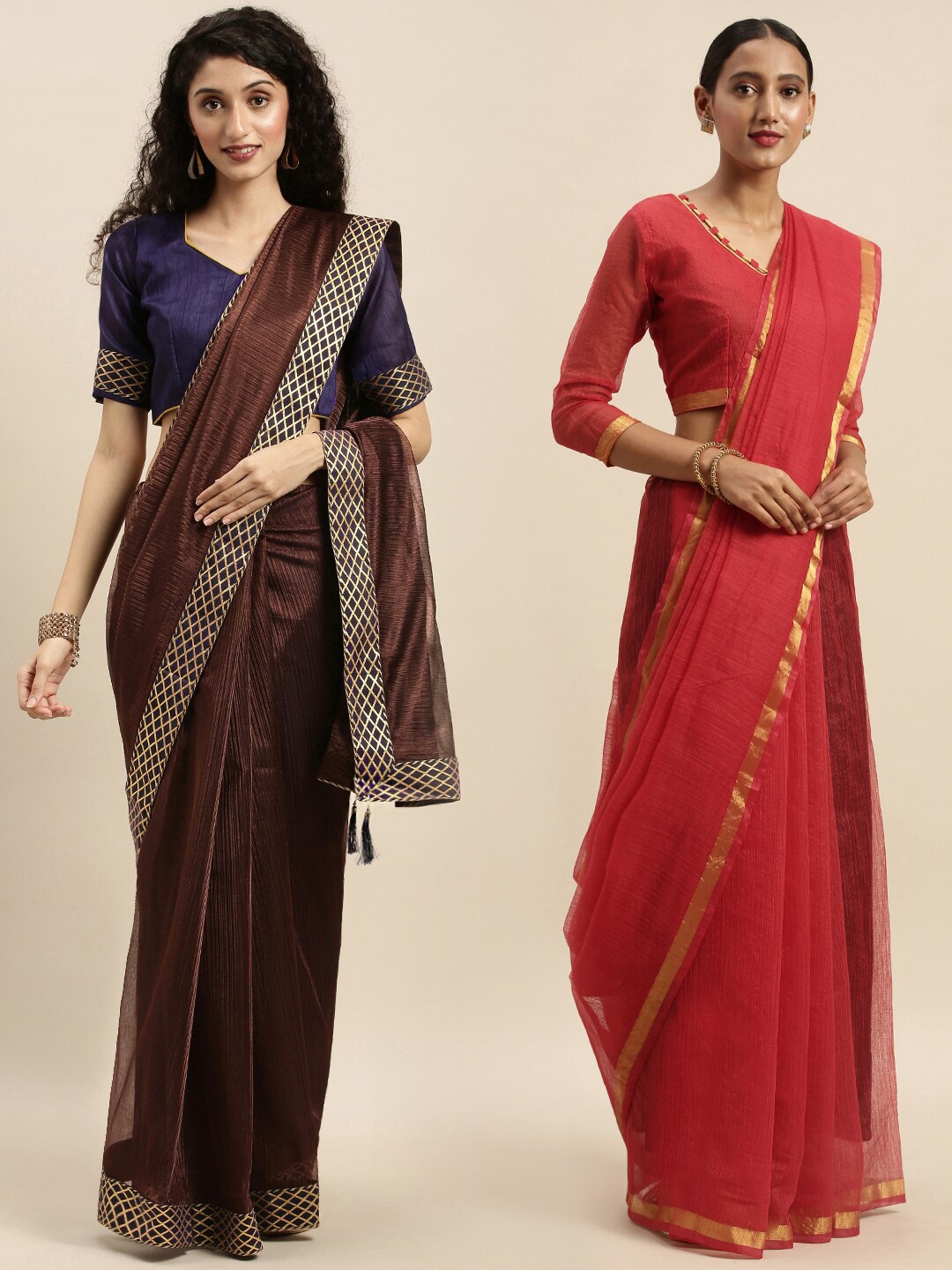 

KALINI Women Set of 2 Brown & Red Art Silk Printed Saree