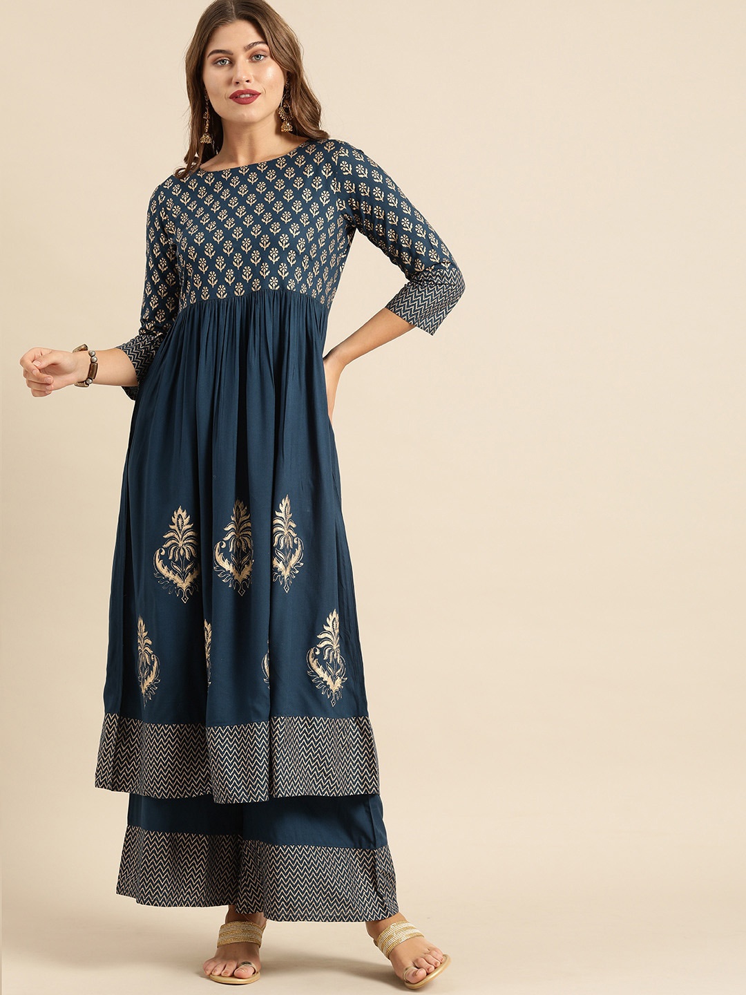 

Varanga Women Blue Ethnic Motifs Printed Empire Kurta with Palazzos
