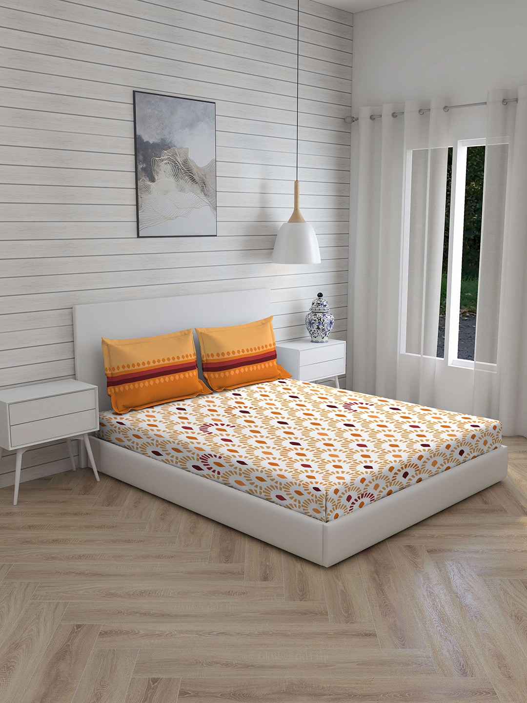 

Layers White & Brown Geometric 144 TC Queen Bedsheet with 2 Pillow Covers