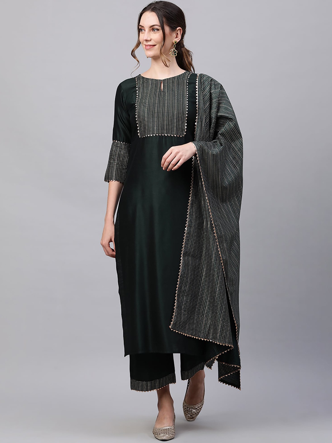 

Indo Era Women Green Yoke Design Panelled Kurta with Palazzos & With Dupatta