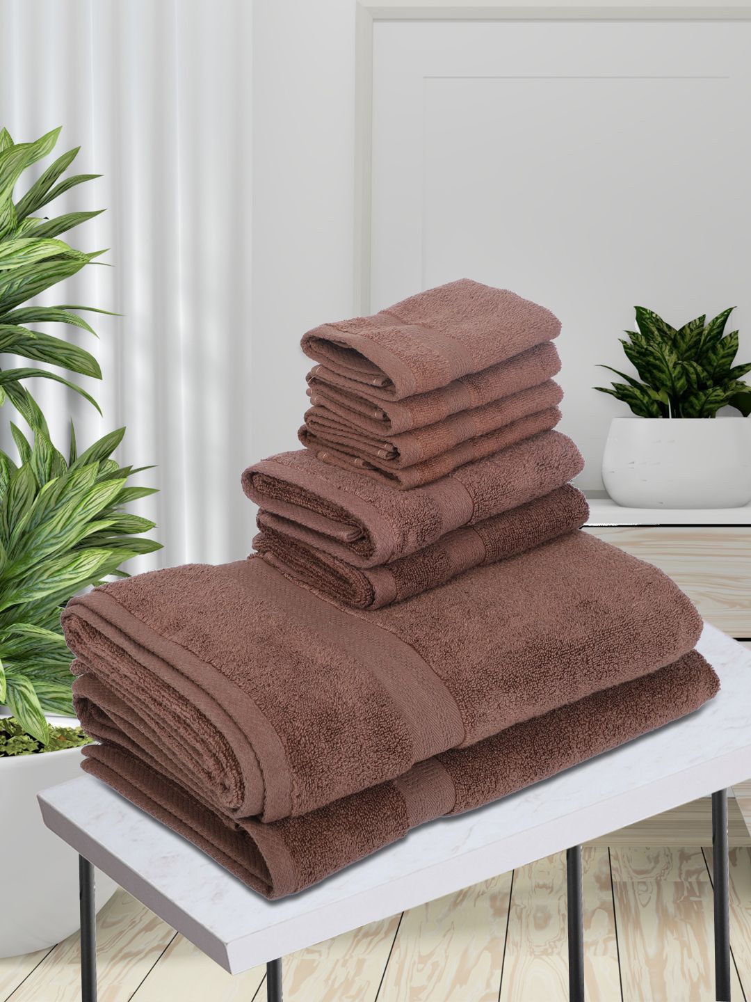 BIANCA Set Of 8 Brown Solid 500 GSM Cotton Towels Set
