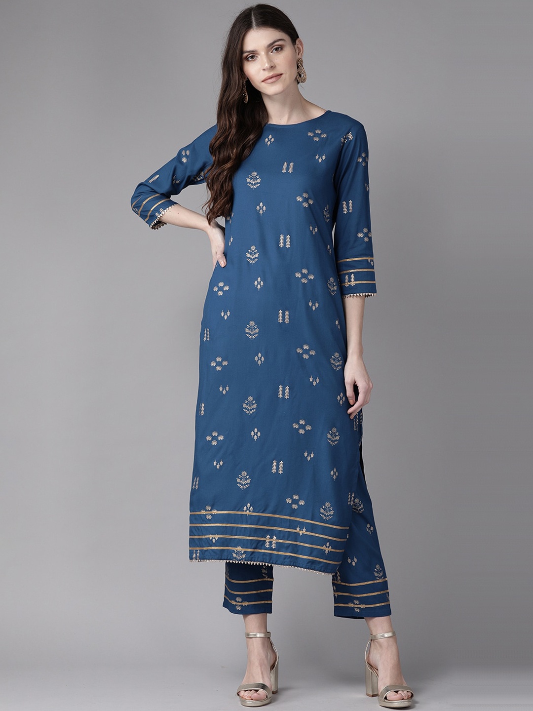 

Indo Era Women Navy Blue Printed Kurta with Printed Trousers Set