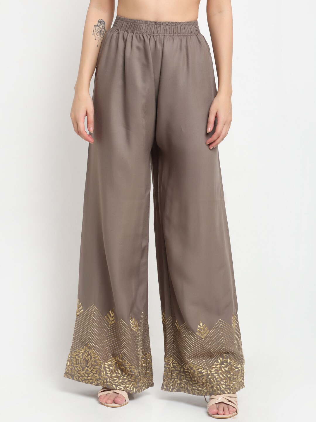 

NEUDIS Women Grey & Golden Ethnic Motifs Hem Design Ethnic Palazzos