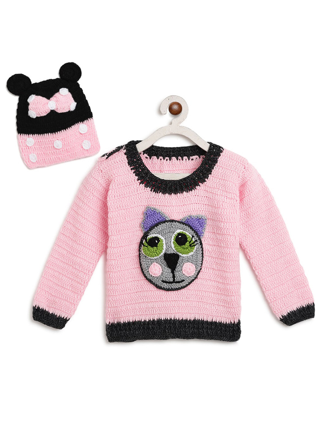 

CHUTPUT Kids Pink & Green Hand Knitted Crochet Wool Sweater