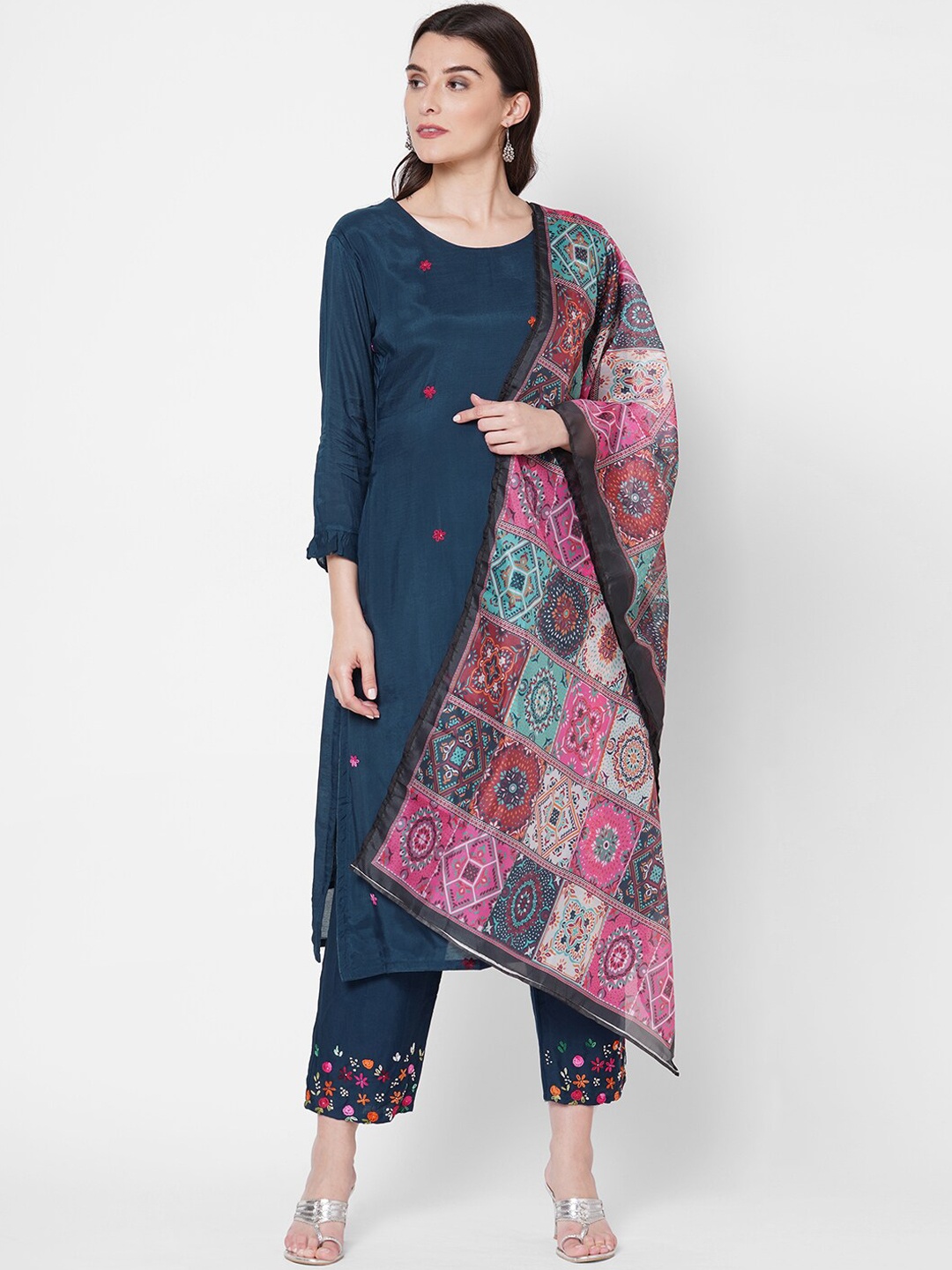 

FASHOR Women Navy Blue Embroidered Kurta with Trousers & Dupatta