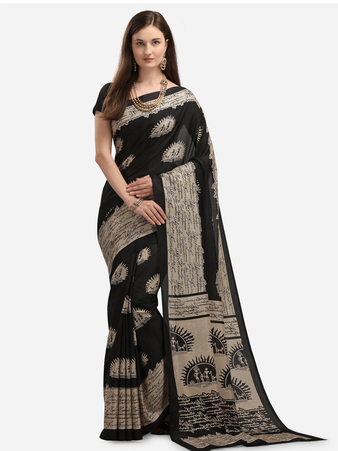 

KALINI Black & Beige Kalamkari Silk Blend Fusion Printed Saree