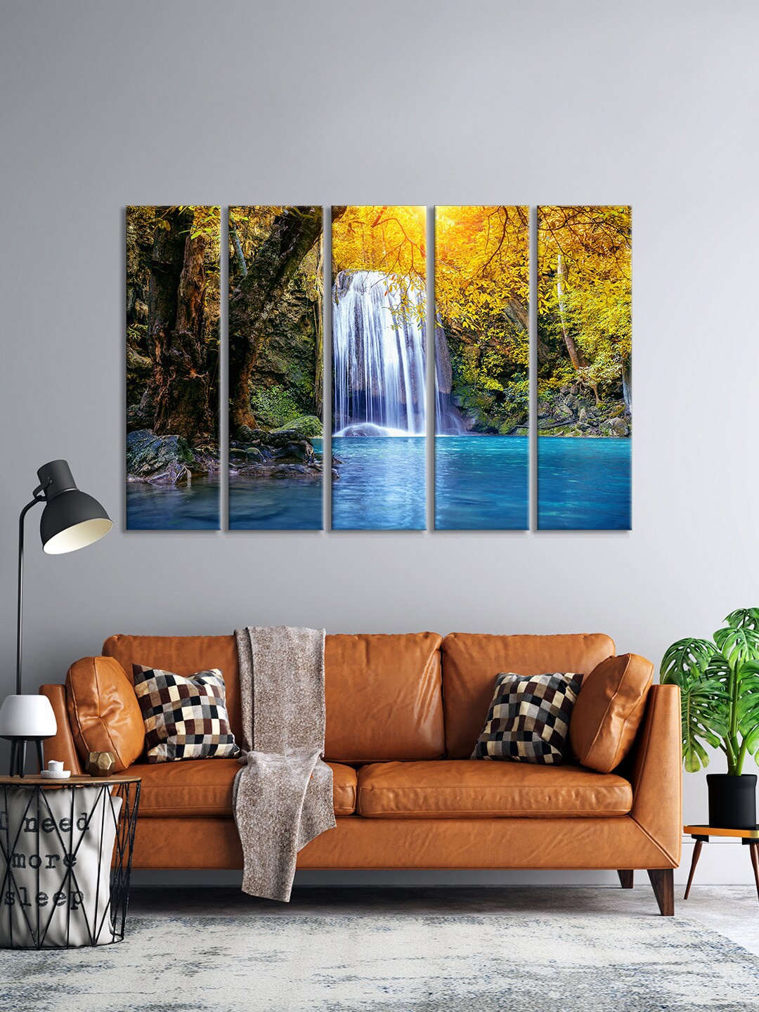 

999Store Set Of 5 Yellow & Blue Mountain View Waterfall Nature Wall Art Frames