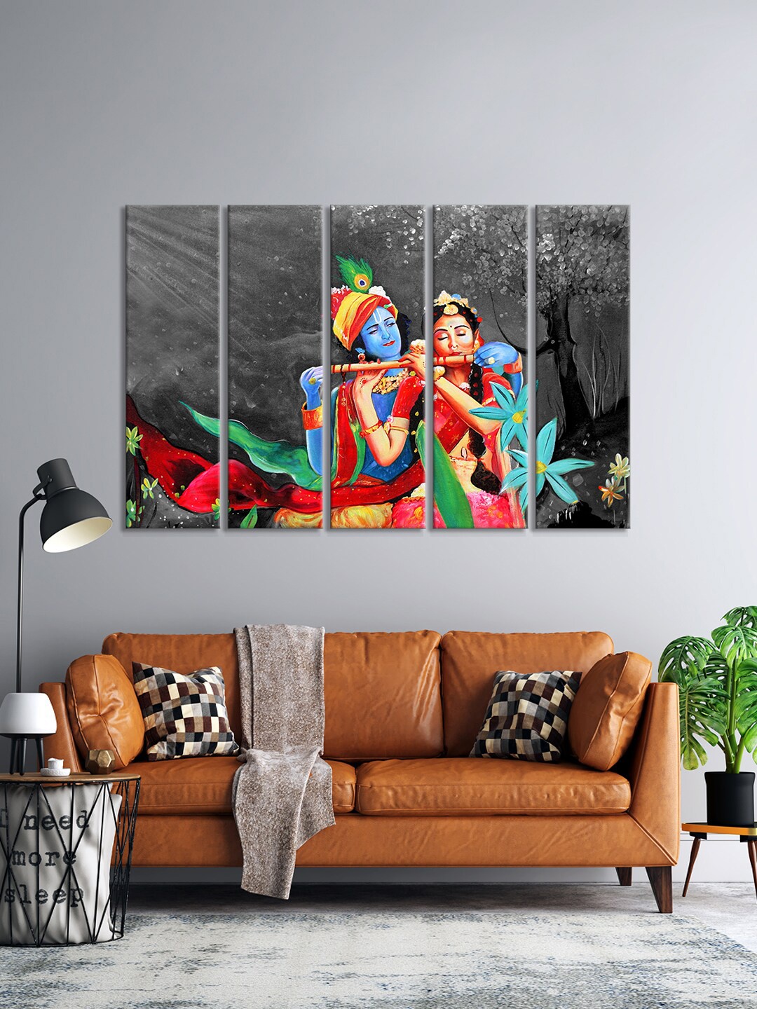 

999Store Set Of 5 Grey & Blue Lord Radha Krishna With Flute Wall Art Frames