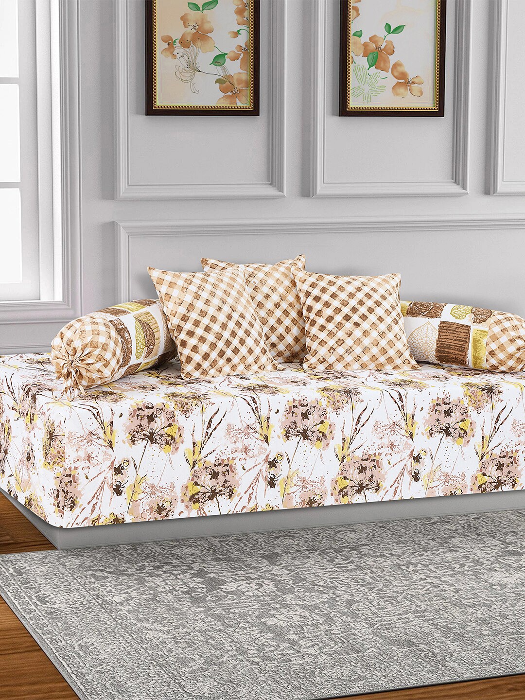 

Salona Bichona Set Of 6 Beige & White Floral Bedsheet With Bolster & Cushion Covers