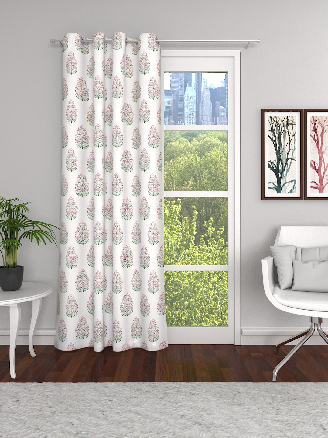 

Soumya White & Pink Floral Semi Sheer Long Door Curtain