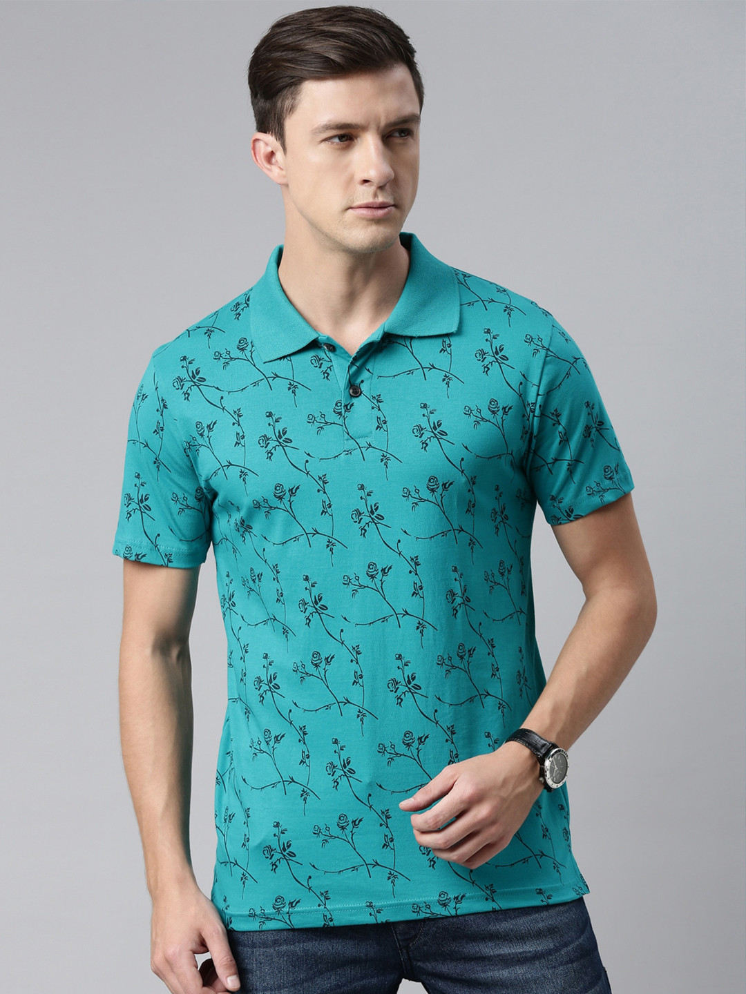 

Kryptic Men Teal Typography Printed Polo Collar T-shirt