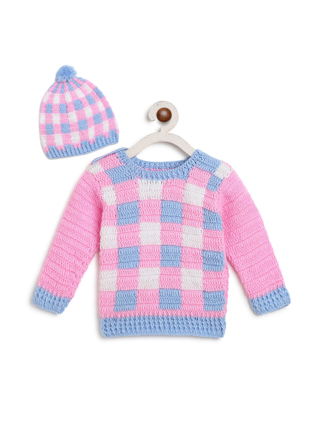 

CHUTPUT Kids Pink & Blue Colourblocked Checked Knitted Crochet Pullover