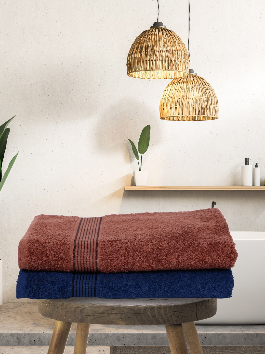 

BIANCA Set Of 2 Brown & Navy Blue Solid 380 GSM Pure Cotton Terry Bath Towels