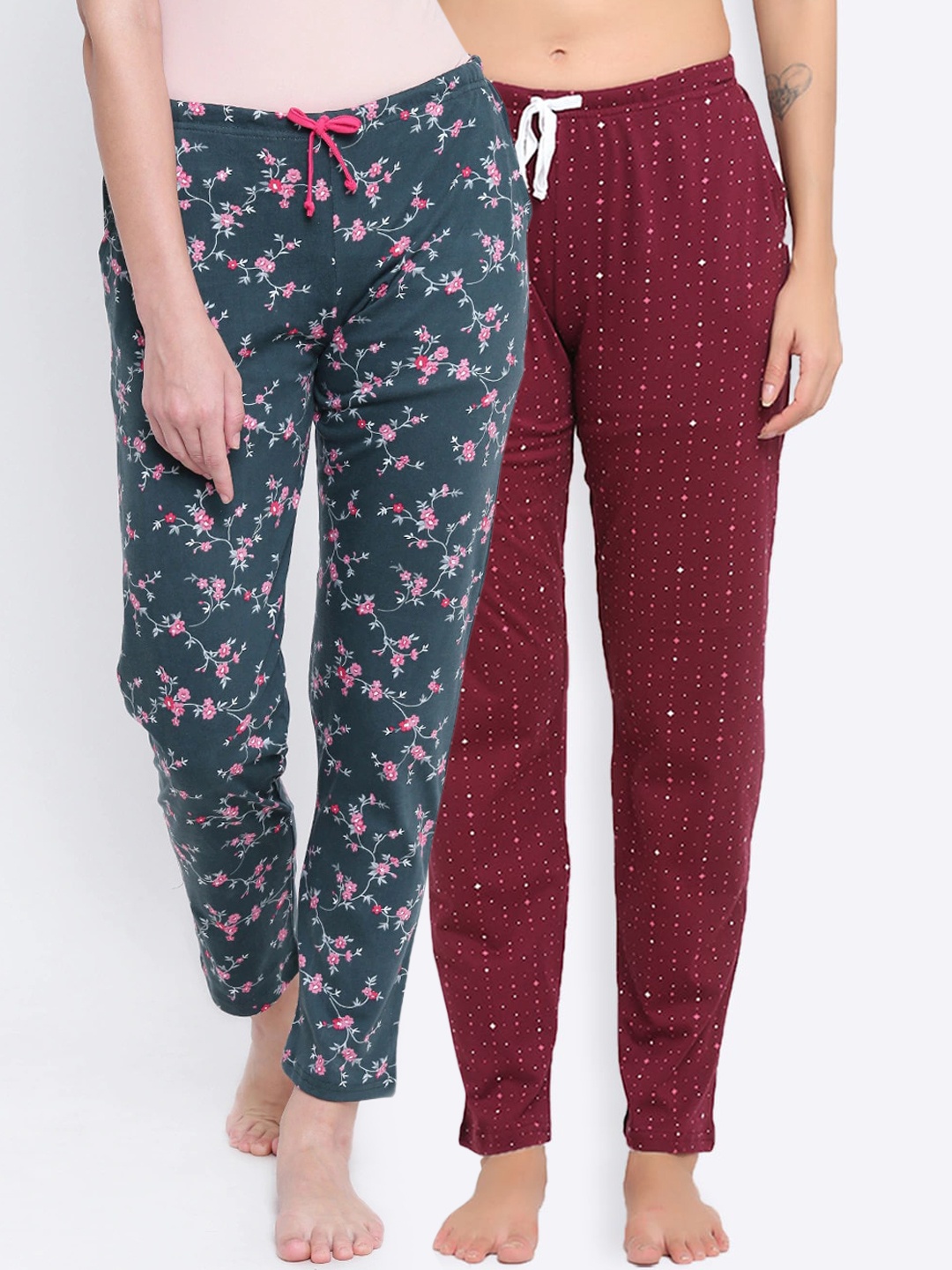 

Kanvin Women Pack Of 2 Printed Pure Cotton Lounge Pants, Maroon