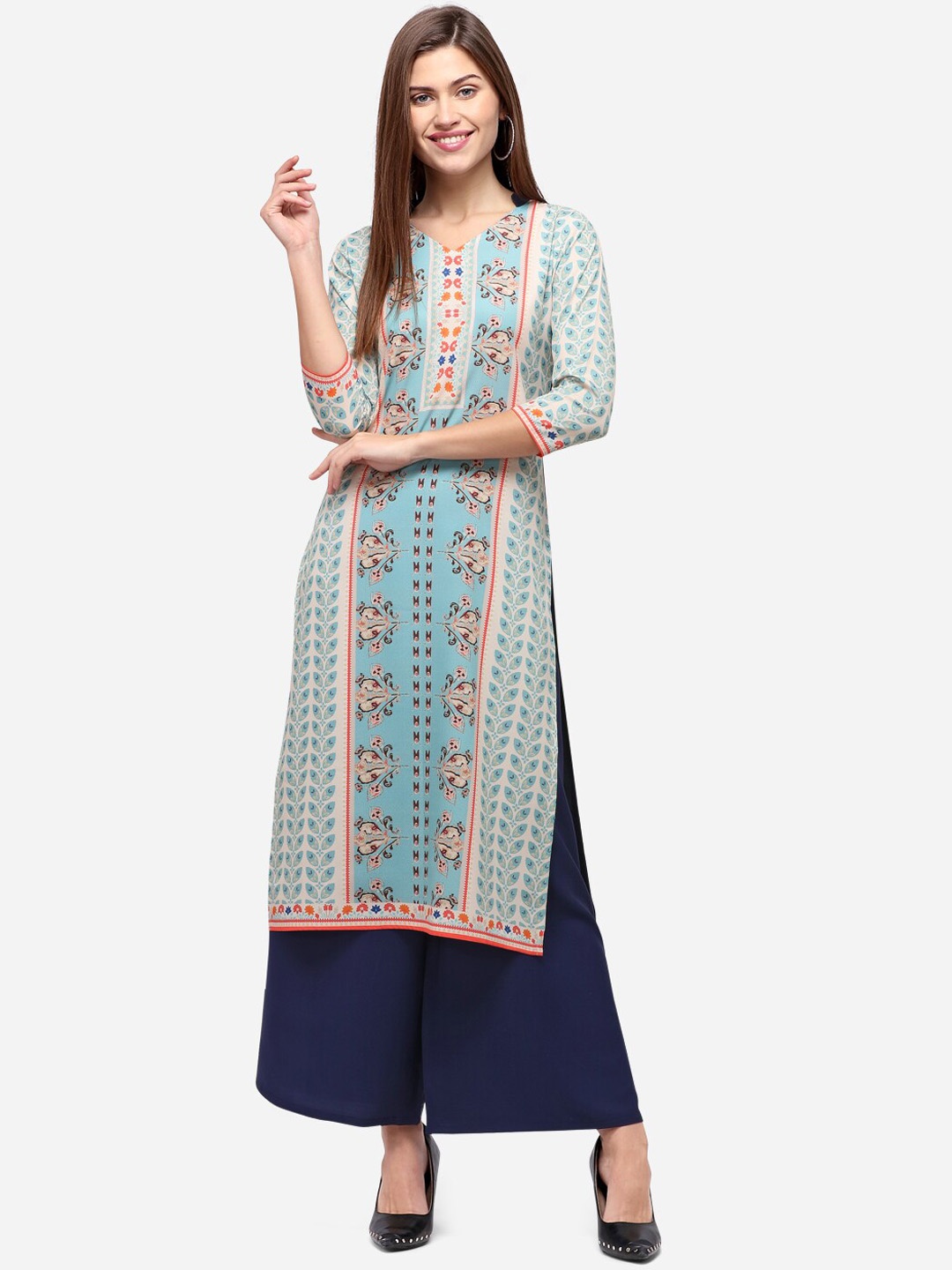 

SANISA Women Blue & Turquoise Blue Ethnic Motifs Printed Keyhole Neck Crepe Handloom Crepe Kurta
