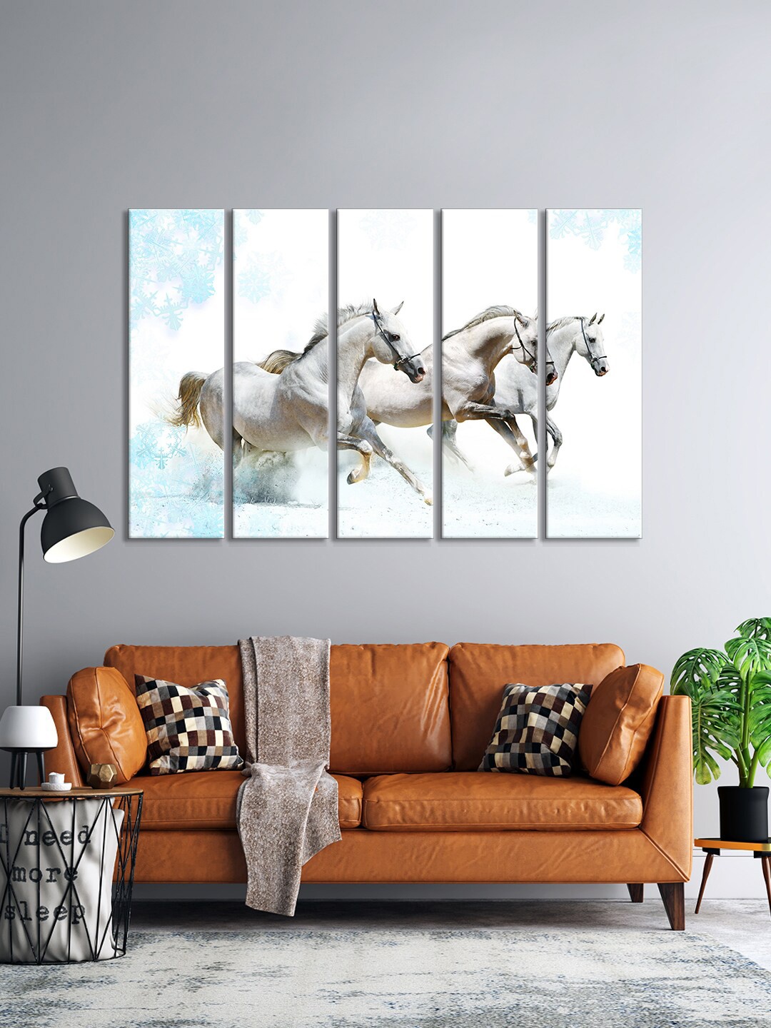 

999Store Set Of 5 White & Blue The Running Horses In A River Framed Wall Art