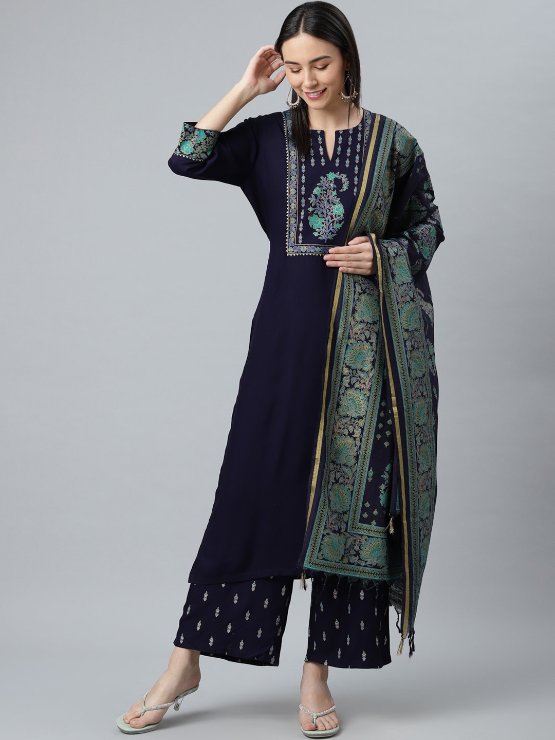 

Libas Women Navy Blue Ethnic Motifs Yoke Design Kurta with Palazzos & With Dupatta