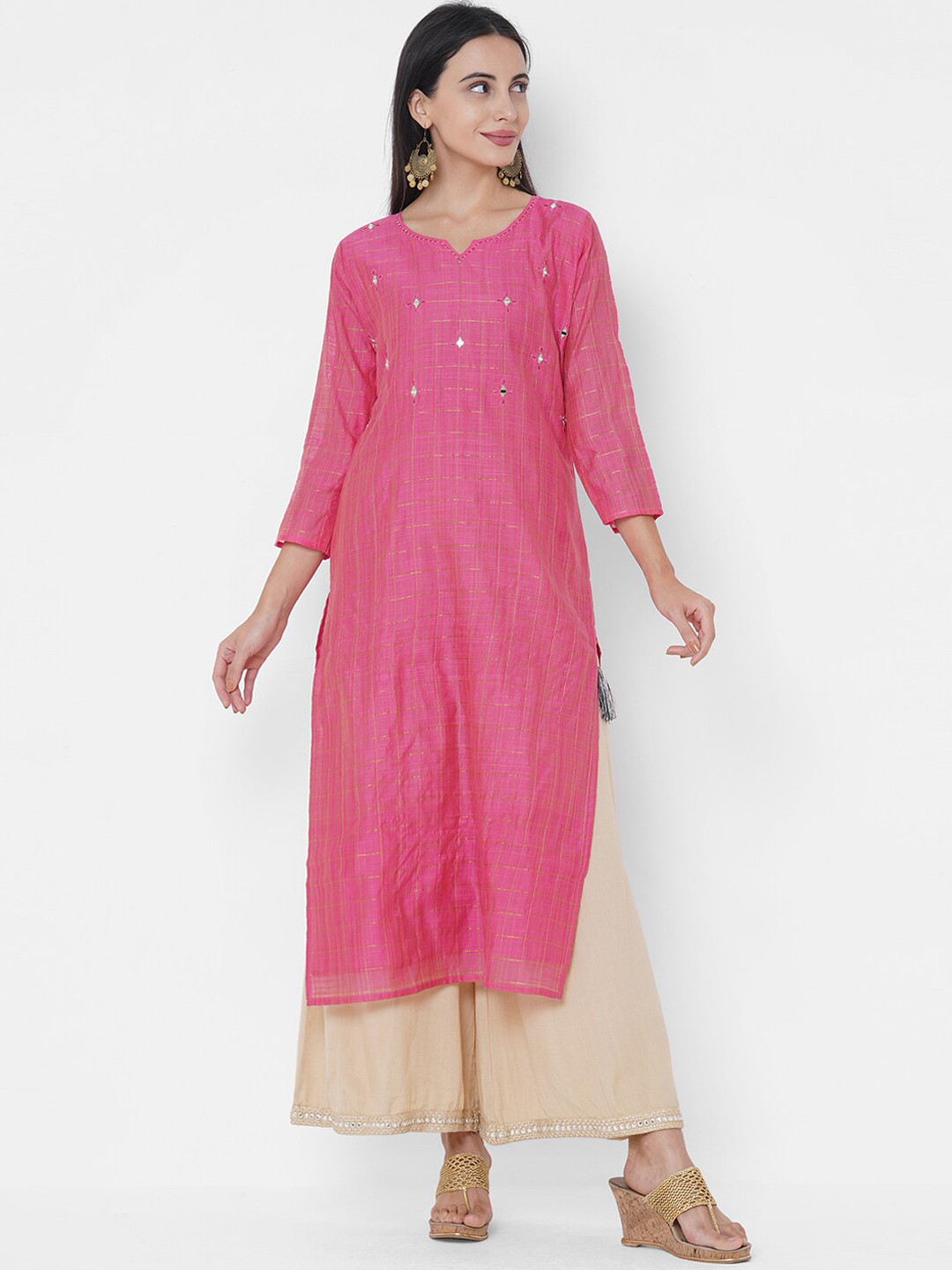 

FASHOR Women Pink Check Woven Mirror Work A-line Kurta