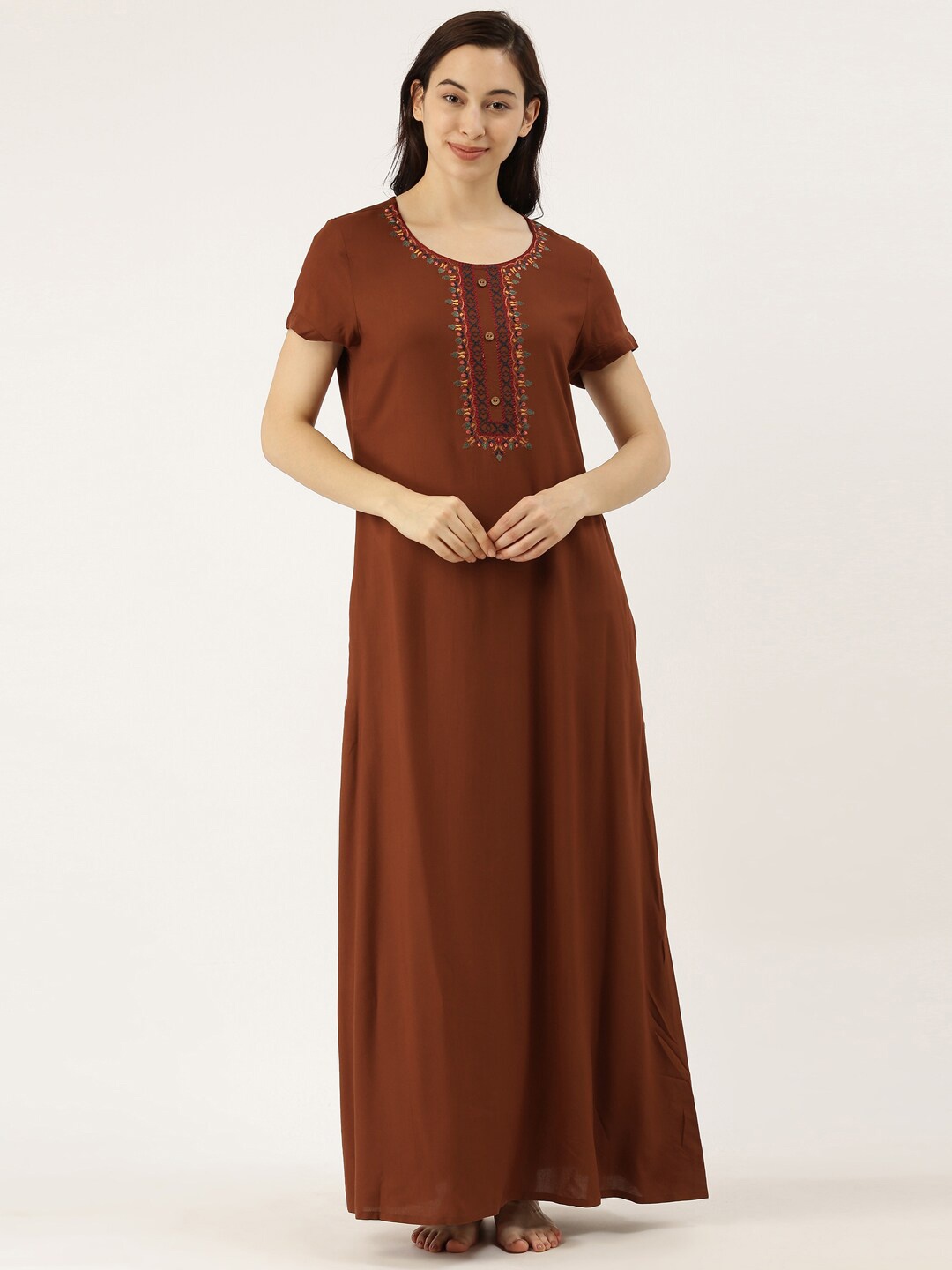 

Bannos Swagger Brown Embroidered Maxi Nightdress