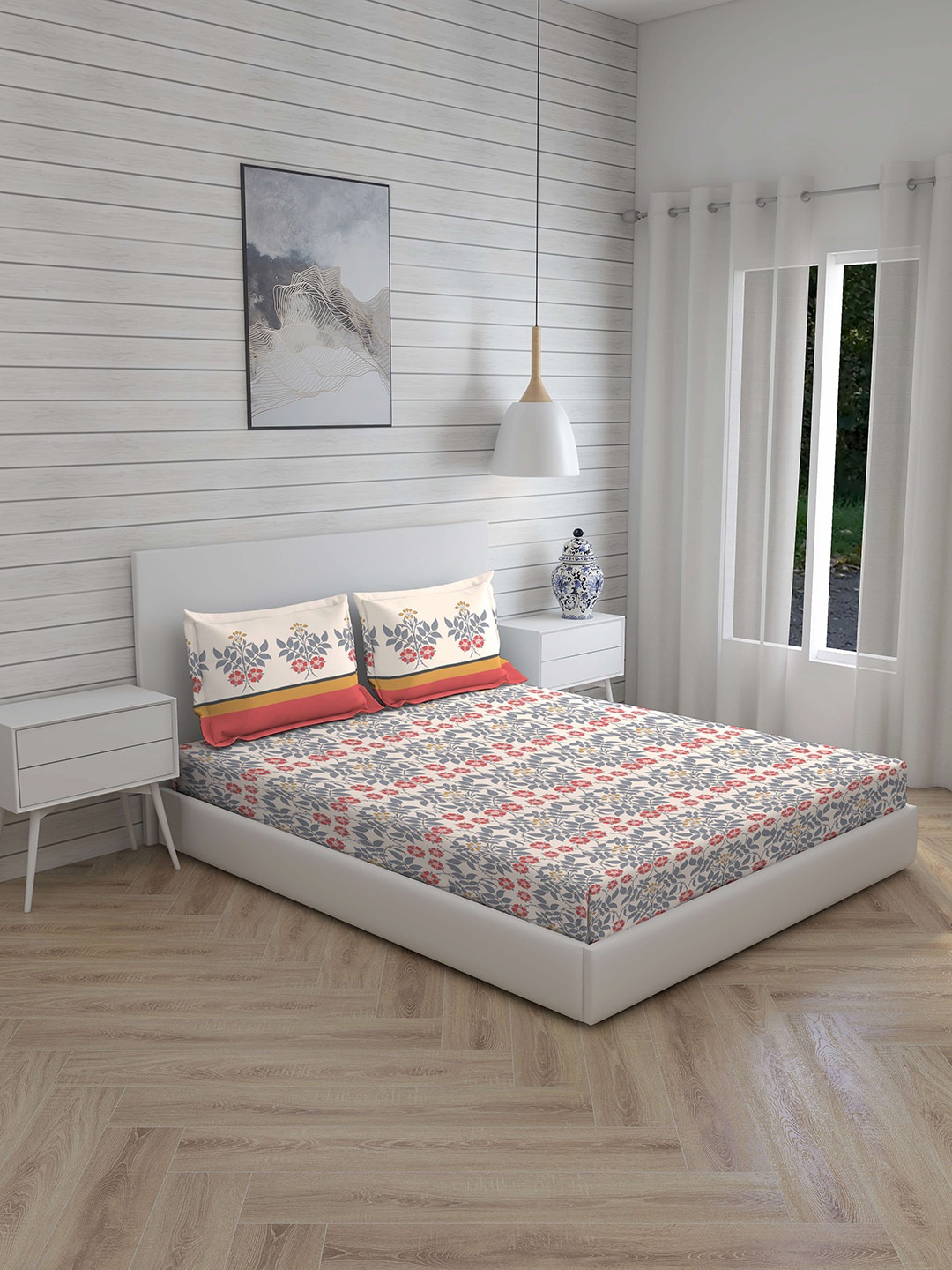 

Layers Off White & Grey Floral 144 TC Queen Bedsheet with 2 Pillow Covers