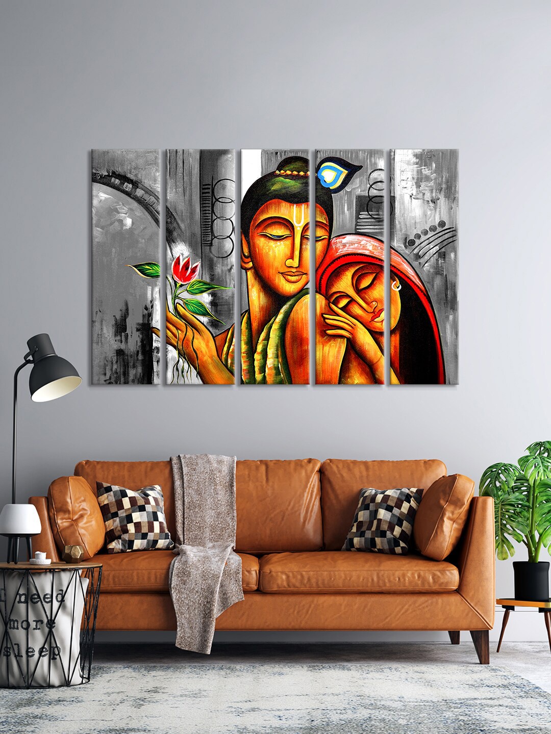 999Store Set Of 5 Grey & Yellow Modern Art Radha Krishna Hangings Wall Art Frames